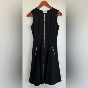 Calvin Klein Black Zip-Front Fit & Flare Dress Gold Zippers XS/S